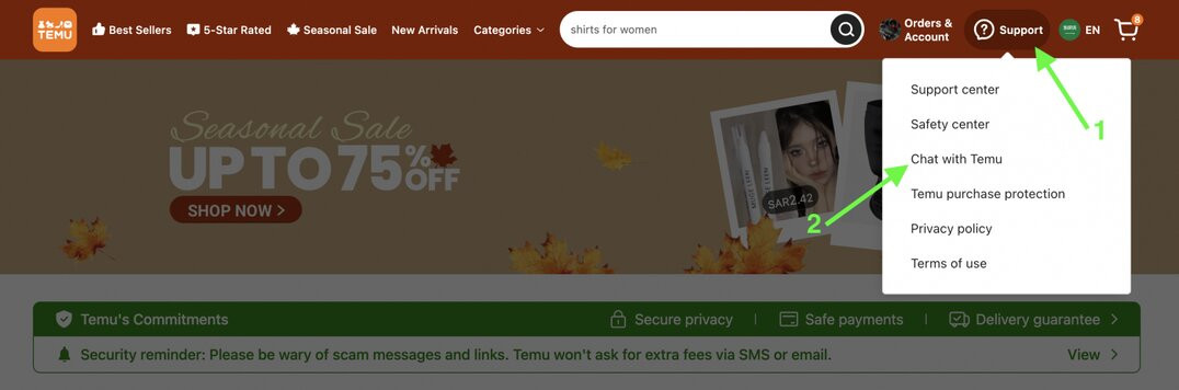 Click on "support" then "chat with temu"