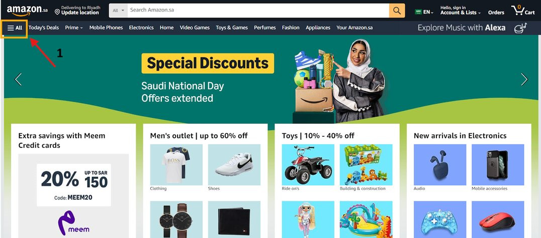 Go to the Amazon homepage, then click on All