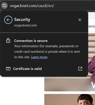 كيف تفتح لوحة معلومات أمان الموقع لمتجر فوغا كلوسيت الالكتروني على المتصفح