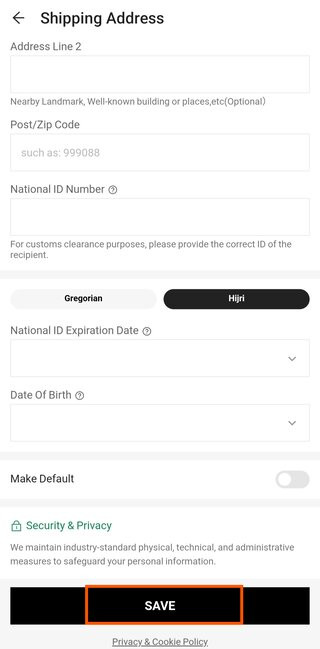 Screenshot of entering address information at the Shein app in English