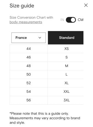 FARFETCH’s size chart for men’s tops