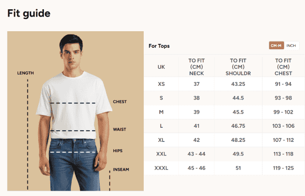 Max Fashion size chart for men's tops