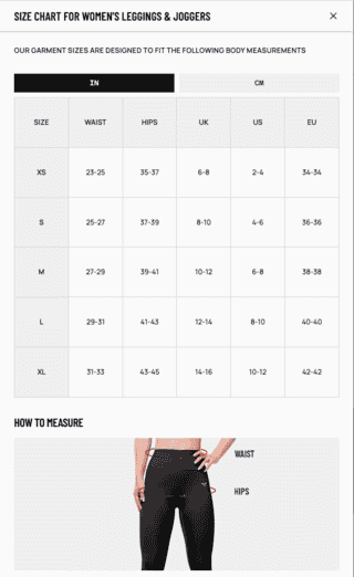 Screenshot of the Size Guide for Women’s Bottoms on SQUATWOLF in English Screenshot of the Size Guide for Women’s Bottoms on SQUATWOLF in English