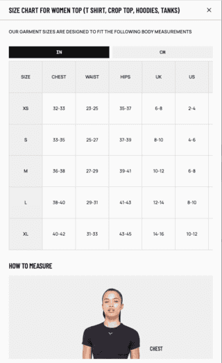 Screenshot of the Size Guide for Women’s Tops on SQUATWOLF in English Screenshot of the Size Guide for Women’s Tops on SQUATWOLF in English