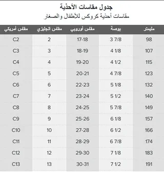 جدول مقاسات كروكس للاطفال