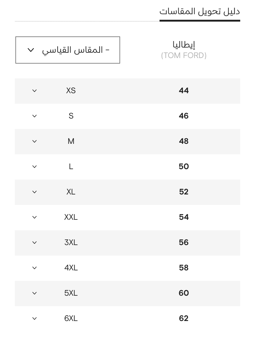 جدول مقاسات فارفيتش للملابس السفلية النسائية